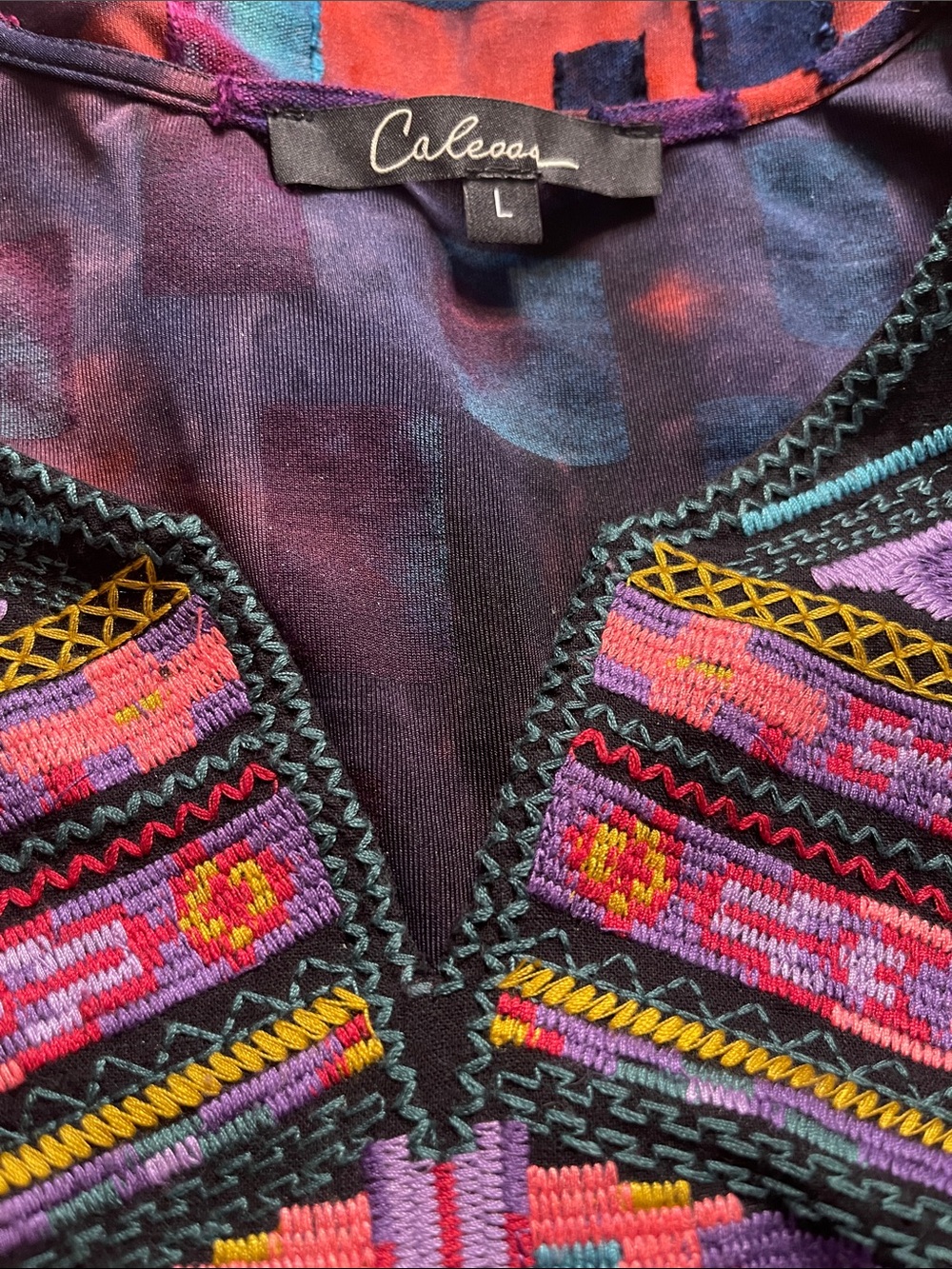 Calessa Tunic Top Purple Patchwork Multi Print Artsy Bohemian Lagenlook Hippie - Picture 5 of 6
